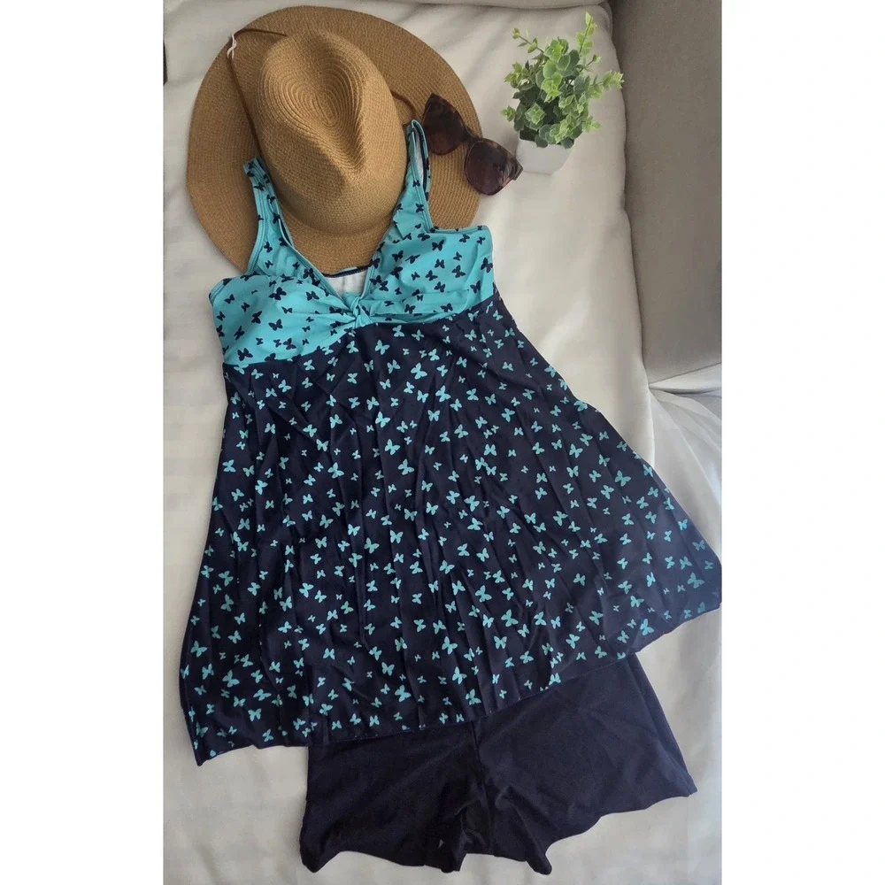 Cupshe Butterfly Print Swim Dress Tankini Set with Boy Shorts Teal Navy Blue XXL